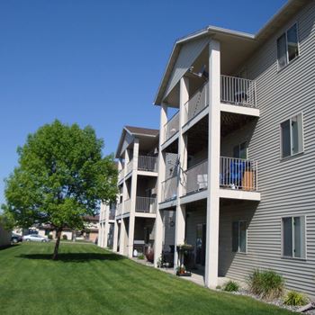 a grassy area with a large tree in front of an apartment complex